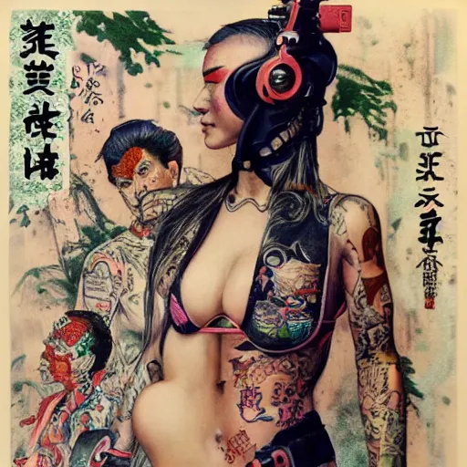 Prompt: super model cyberpunk girl with Japanese yakuza full body tattoo in future world, painted by Norman Rockwell and Bosch