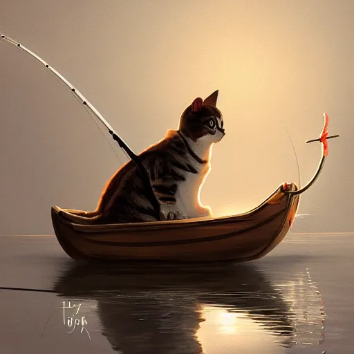 Image similar to concept art of a cat holding a fishing pole while fishing in a boat; vivid; artstation; award winning