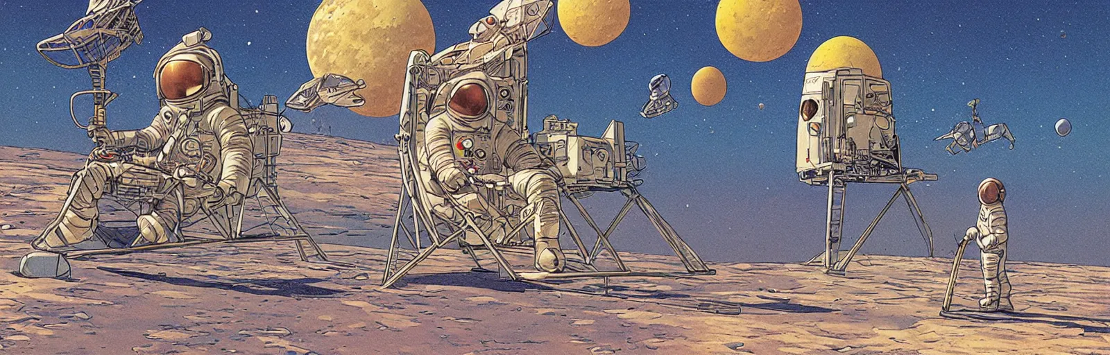 Prompt: Astronaut sitting on a lawn chair holding a cocktail on pluto. Burning space ship in the background, Jean Giraud, Moebius