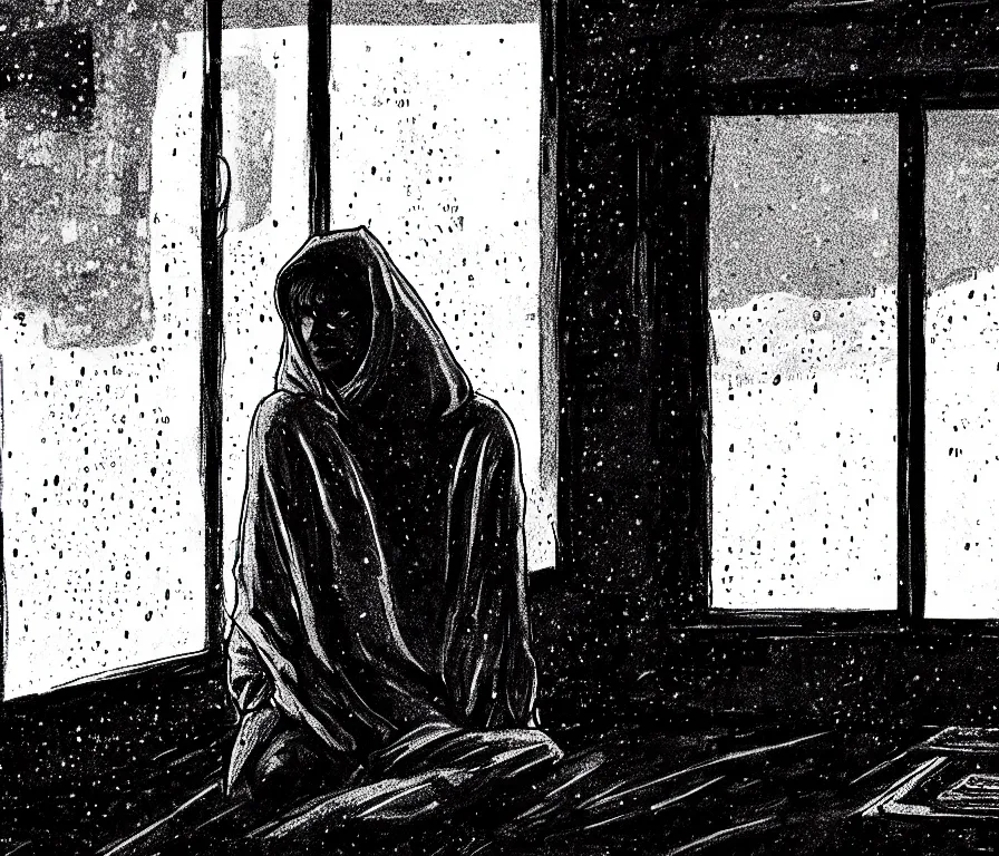 Image similar to sadie sink in hoodie sits on windowsill, knees tucked in | rain falls at night : storyboard, scifi cyberpunk. by gabriel hardman, chris bonura. cinematic atmosphere, detailed and intricate, perfect anatomy