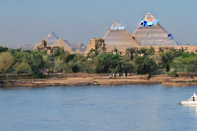 Prompt: realistic photo of the river nile, with the pyramids of giza in the background, a river flowing through the scene, cruise ship in the foreground, sun blazing in the sky