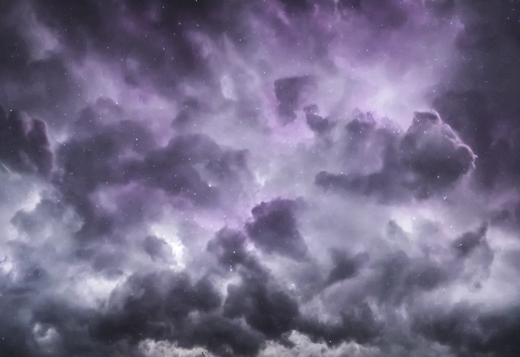 Image similar to purple color lighting storm with stormy sea, pirate ship firing its cannons real life trippy nebula sky 50mm shot