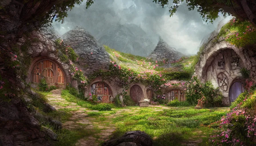 Image similar to concept art of a beautiful hobbit - holes in a village, digital art, trending on artstation
