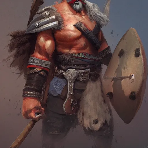 Image similar to old barbarian warrior with trucker mustache, 8 k, trending on art station, by tooth wu and greg rutkowski
