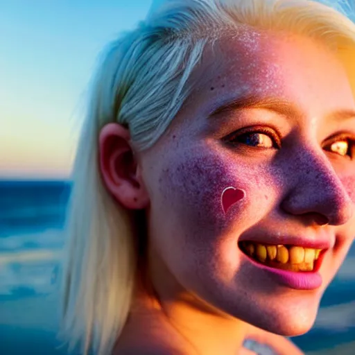 Image similar to beautiful hyperrealism hyperdetailed photograph of a cute thin young woman in love with you, smiling adoringly at the camera, platinum blonde hair, flushed face, blushing, big puffy lips, heart - shaped face, light freckles on cheeks and nose, 8 k, sharp focus, golden hour, beach setting