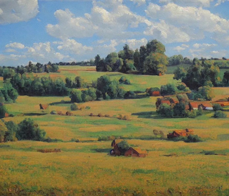 Image similar to beautiful view of a peaceful ukrainian farm landsape. art by isaac leitan and ivan shiskin, oil on canvas