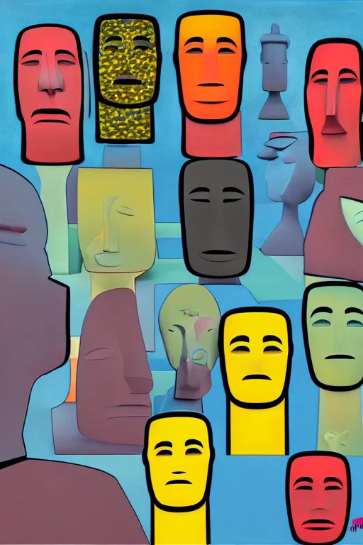 Prompt: moai statue popart slap face caricature cartoon colorful vibrant beeple, by thomas kinkade simpson family art contest alexej von jawlensky, romero britto, mark ryden