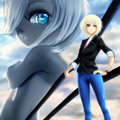 Prompt: aristocratic platinum - blonde - haired bob cut blue - eyed princess wearing white leggings and black jacket, standing next to communist monument, anime, hd anime wallpaper, hyperrealistic lighting, drawn by artgerm