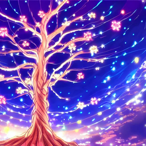 Image similar to beautiful anime tree at night with lots of lights and a tori gate