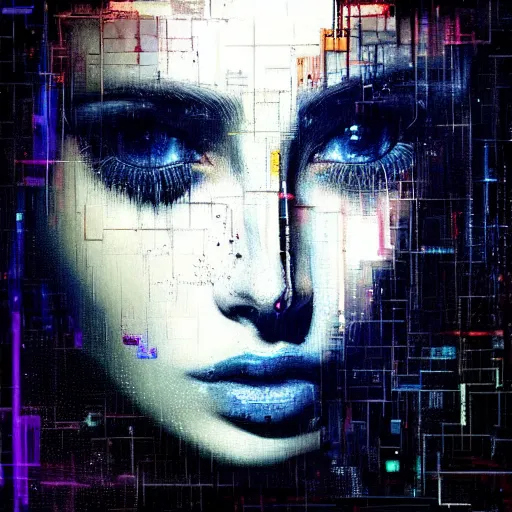 Prompt: hyperrealistic portrait of a young women with crystal eyes, by Guy Denning, by Johannes Itten, by Russ Mills, glitch art, hacking effects, cyberpunk, digital effects, color blocking!, oil on canvas, intricate detail, concept art, abstract, detailed lines, clean, symmetrical eyes, symmetrical, octane, cgsociety, 8k, trending on artstation
