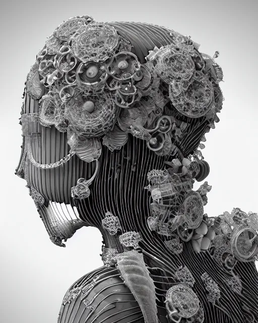 Image similar to mythical dreamy black and white organic bio-mechanical spinal ribbed profile face portrait detail of translucent steampunk beautiful female angelic-human-queen-vegetal-cyborg, highly detailed, intricate crystal ivy jelly ornate, poetic, translucent roses ornate, 3D render, digital art, octane render, 8K artistic photography, photo-realistic, by Dora Maar