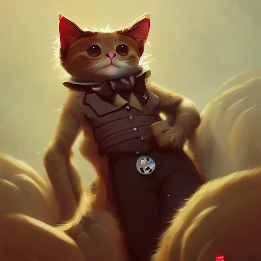 Image similar to cute fashion vogue kittycat man man wearing a cat costume wearing a tuxedo ripped physique anna podedworna gerald brom bastien grivet greg rutkowski portrait