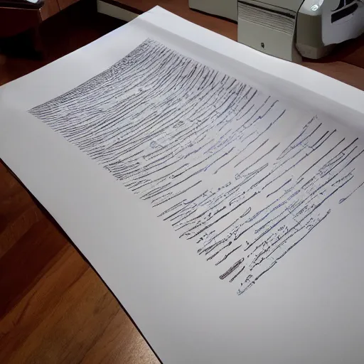 Image similar to high quality art of a printer printing out a long sheet of paper covered with writing, floating in space, trending on artstation