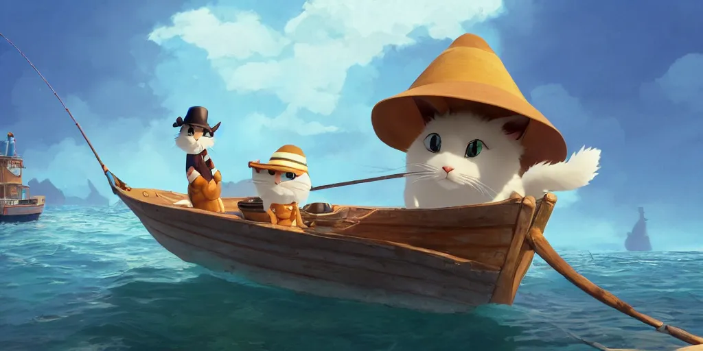 Image similar to a wholesome animation key shot of a cute cat on a fishing boat wearing a sunhat, studio ghibli, pixar and disney animation, sharp, rendered in unreal engine 5, anime key art by greg rutkowski, bloom, dramatic, dynamic lighting