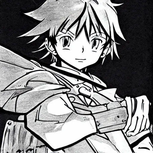 Image similar to young anime hero with a sword, illustrated by mato and ken sugimori, studio ghibili, manga, black and white illustration