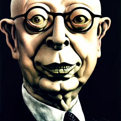 Image similar to portrait of klaus schwab by otto dix, junji ito, hr ginger, jan svankmeyer, beksinski, claymation, hyperrealistic, aesthetic, masterpiece