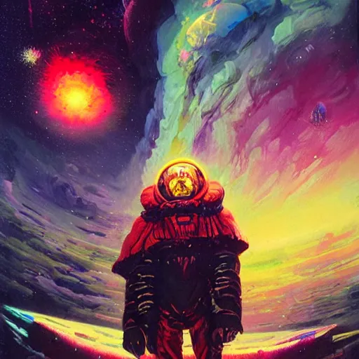 Image similar to epic illustration of Christopher Lloyd as a space wizard by Paul Lehr, detailed, space opera, screen print