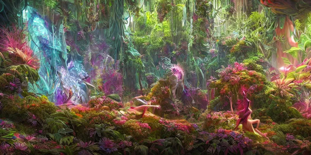 Prompt: Beautiful futuristic crystal sculpture in jungle with big wild flowers, figures, soft neon lights, bright colors, cinematic, cyberpunk, smooth, chrome, dramatic, fantasy, by Moebius, by Zdzisław Beksiński, high contrast, epic composition, sci-fi, dreamlike, surreal, angelic, 8k, unreal engine, hyper realistic, fantasy concept art, XF IQ4, 150MP, 50mm, F1.4, ISO 200, 1/160s, natural light, Adobe Lightroom, photolab, Affinity Photo, PhotoDirector 365