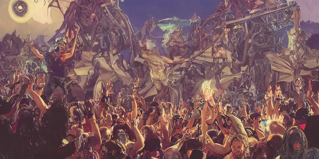 Image similar to Iron Maiden playing their last outdoor show while the world ends, by artgerm and greg rutkowski and alphonse mucha and loish and WLOP, artstation, detailed