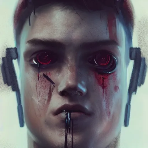 Image similar to close-up, symmetrical!, portrait of a young man, bruised and scarred! cyberpunk, techwear! by Greg Rutkowski, matte painting, trending on artstation