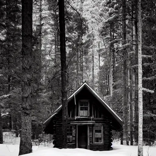 Image similar to an Eerie cabin in the middle of the woods in the style of Ansel Adams