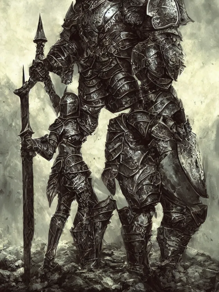 Prompt: a very large and heavy female knight with dark iron armor and helmet | dark fantasy | in a ruined castle | Dorian Cleavenger |