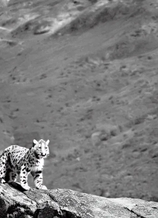 Prompt: a white and black snow leopard walking on a rock, a photograph by robert frank, naturalism, sharp focus, creative commons attribution