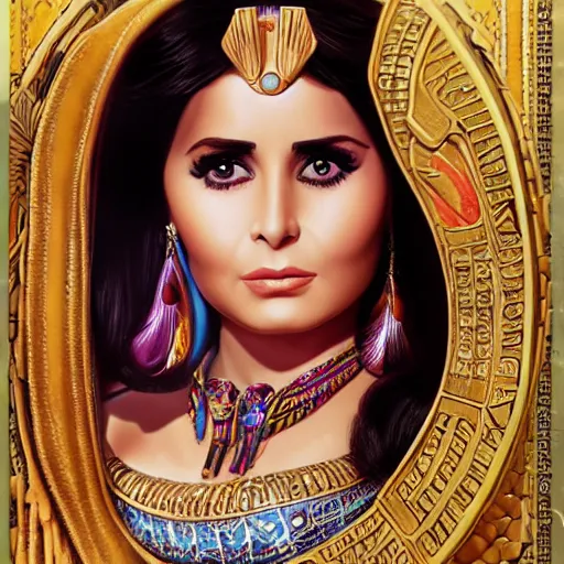 Prompt: a detailed fantasy character portrait of soad hosny as egyptian goddess of cinema by lauri blank, artgerm, evelyn de morgan, 8K, 50mm lens