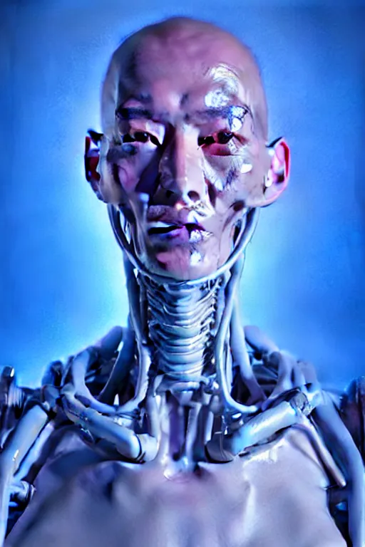 Image similar to hyperrealistic close-up pastel postmodern exoskeleton! chinese man highly detailed concept art eric zener elson peter cinematic hard blue lighting high angle hd 8k sharp shallow depth of field