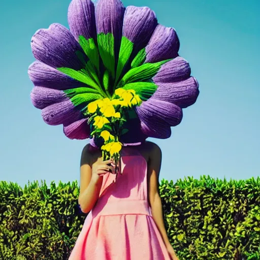 Prompt: giant flower head, full body, girl standing in front of house, surreal photography, symmetry, mid century, flat light, bright colours, blue sky, realistic, wes anderson