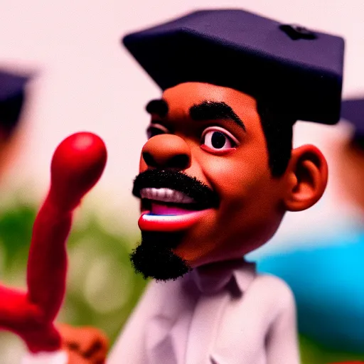 Image similar to a cinematic film still of a claymation stop motion film starring chance the rapper as a college student, shallow depth of field, 8 0 mm, f 1. 8