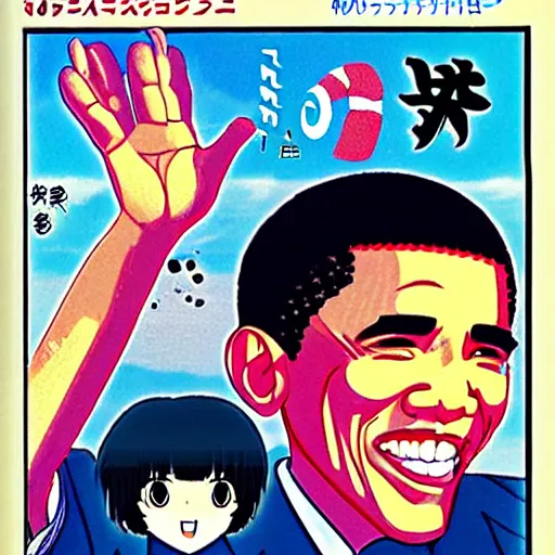 Image similar to japanese magazine advert for obama anime, 1 9 8 5