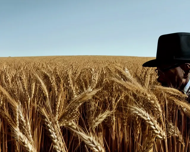 Prompt: extreme long shot of walter white wearing a black hat facing gustavo fring from a distance in a wheat field, insanely detailed, low angle, side view, perfect angle, 8 5 mm photograph, 8 k resolution, wide shot, sharp lens, cinematic