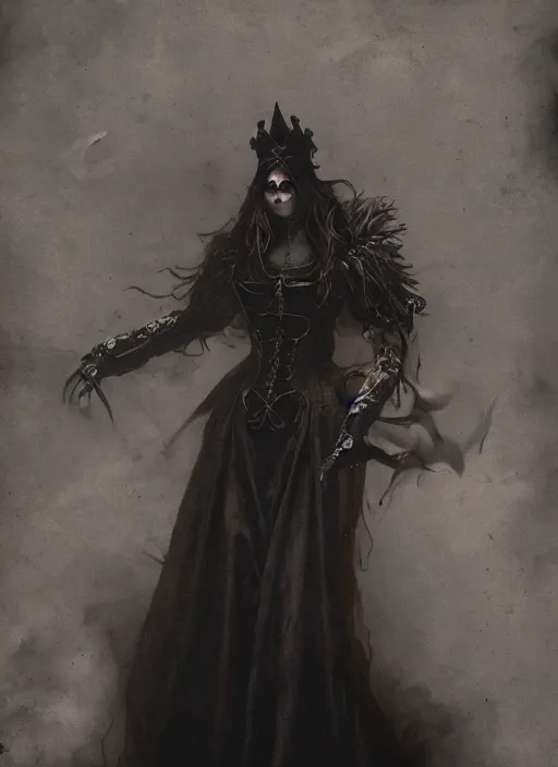 Prompt: hyper realistic photo of baroque dark goth queen ethereal ghost full body, rule of thirds, cinematic, greg rutkowski, brom, james gurney, mignola, craig mullins