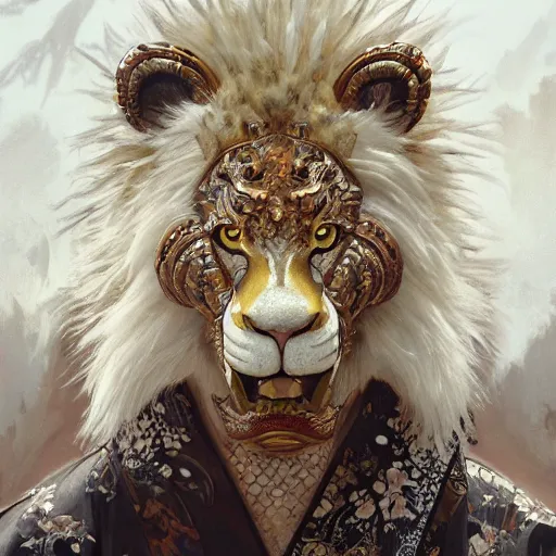 Image similar to a photorealistic dramatic fantasy render of a muscular albino male furry anthro lion wearing a beautiful intricately detailed japanese white snake kitsune mask and clasical japanese kimono by wlop, artgerm, greg rutkowski, alphonse mucha, beautiful dynamic dramatic dark moody lighting, shadows, cinematic atmosphere, artstation, concept design art, octane render, 8 k