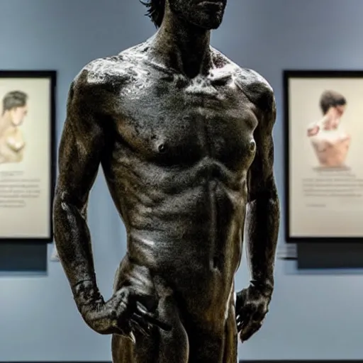 Image similar to “a realistic detailed photo of a guy who is an attractive humanoid who is half robot and half humanoid, who is a male android, actor Liam Hemsworth, shiny skin, posing like a statue, blank stare, at the museum, on display”