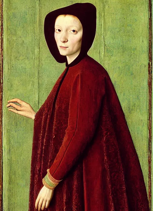 Image similar to half - length portrait of young woman in medieval dress, art by jan van eyck,