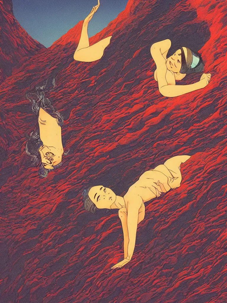 Image similar to a closeup portrait of antigravity, a young siberian woman dreaming psychedelic hallucinations in the vast icy landscape of antarctica, volcano lava drips in antigravity by kawase hasui, moebius and edward hopper, colorful flat surreal design, hd, 8 k, artstation