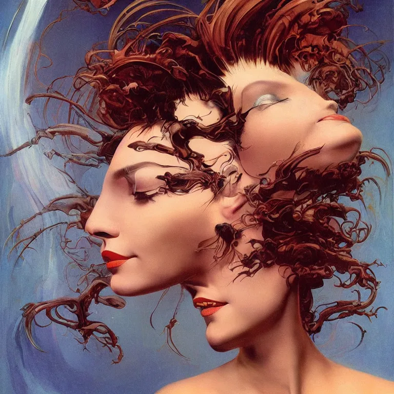 Prompt: portrait of a woman with ( ( ( ( swirling ) ) ) ) hair and ( fractal ) skin by frank frazetta, retrofuturism, psychedelic art reimagined by industrial light and magic