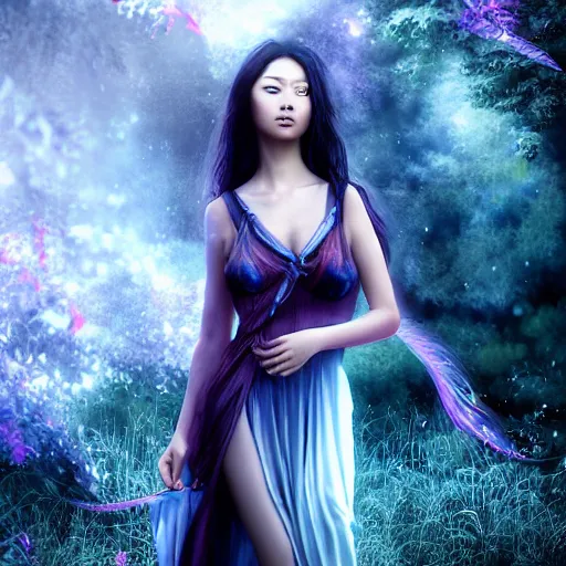 Prompt: ( portrait of a beautiful asian woman lost in her dream )!, wearing a long silk dress, portrait by luis royo, background by jean hugo, intricate, blue fireflies, unreal engine, 8 k, cinematic lights, atmospheric effects, bokeh, artstation, deviantart, pinterest, dark purple and blue tones