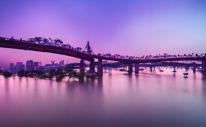 Image similar to a photo of wuhan, river, bridge, sunset, purple sky, cinematic, 8 k, highly - detailed