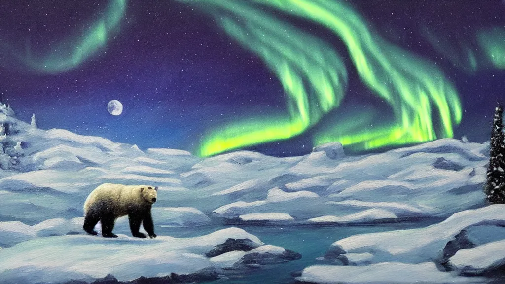 Prompt: an oil painting of a close - up!! polar!! bear traversing a snowy landscape at night, the northern lights and the moon are visible