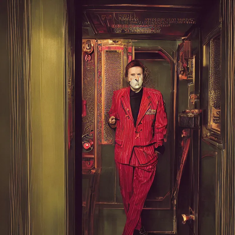 Image similar to vogue professional octane render portrait by wayne barlow and carlo crivelli and glenn fabry, a sinister man in a bright colorful patterned pastel wes anderson elevator operator costume inside a dark and moody vintage elevator in a high - end exotic vintage boutique hotel, very short depth of field, bokeh