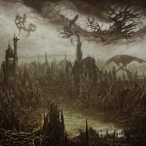 Image similar to an ominous nightmare of a river of blood spreading death and tarnation over a tarninshed graveyard in ruins, gothic, castelvania, decay and destruction, by stephen gammel, franz sedlacek, gustave dore, fromsoftware, matte painting, super wide angle, aerial photography, trending on artstation, epic masterpiece,