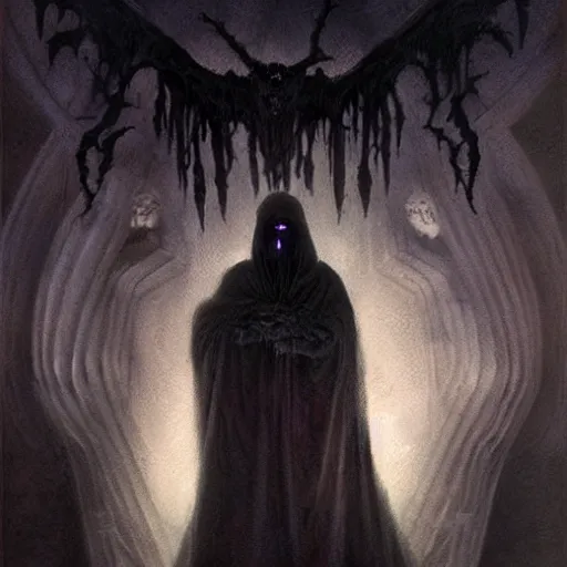 Image similar to head and shoulders portrait of a ghostly, shadowy, spectral wraith portrayed by russell crowe, d & d, fantasy, greg rutkowski, frank frazetta, alexandre chaudret, boris vallejo, michael whelan, miro petrov, hr giger, magali villeneuve, donato giancola