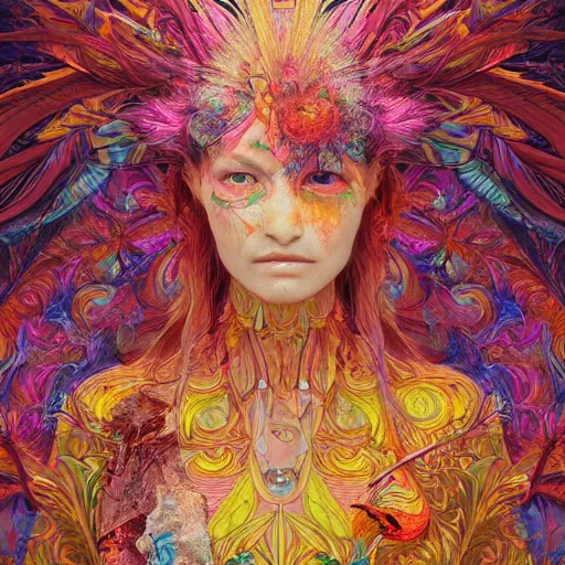 Image similar to A reality bending psychedelic ayahuasca experience, colorful, distorted, surreal, tropical bird feathers, dramatic lighting on the face, intricate, elegant, highly detailed, digital painting, concept art, smooth, sharp focus, illustration, art by Krenz Cushart and Wayne Barlowe and alphonse mucha