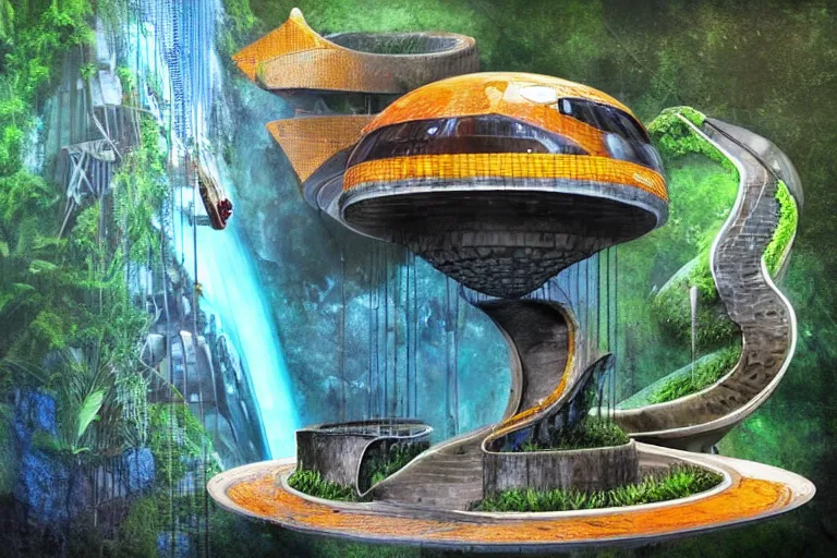 Image similar to favela bunker spaceship coaster hive, art nouveau waterfall environment, industrial factory, whimsical, award winning art, epic dreamlike fantasy landscape, ultra realistic,