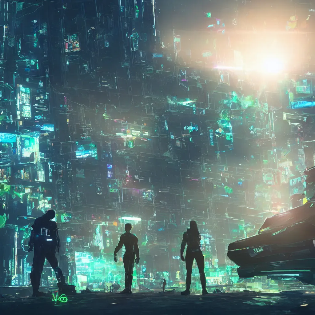 Image similar to a cinematic composition depicting : we're looking aside of a a translucid crystal android being, whos is behind their hud viewing out of their window how a high tech lush solarpunk tribe collaborating with their technologic android helpers encroaching on a distant cyberpunk world at sunrise