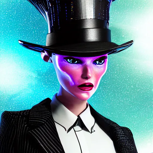 Image similar to alien stylish woman cartoon portrait made out of rain, pinstripe suit, top hat, galactic background, rendered in octane, unreal engine, highly detailed, trending on artstation, realistic, neon, beautiful