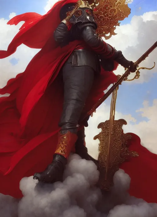 Image similar to Full View of a boisterous Red Mage wearing striped shining armor and a feathered hat holding a staff of power surrounded by an epic cloudscape. Magus. Red Wizard. Morpheus. masterpiece. 4k digital illustration. by Ruan Jia and Artgerm and Andreas Rocha and William-Adolphe Bouguereau and Edmund Blair Leighton. award winning, Artstation, intricate details, realistic, Hyperdetailed, 8k resolution. Concept Painting. Key Art